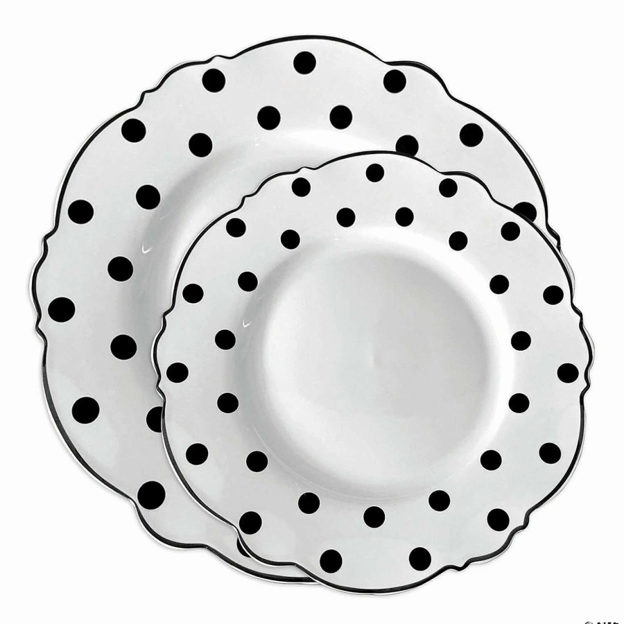 Party Plates * | Buy White With Black Dots Round Blossom Disposable Plastic Dinnerware Value Set (120 Dinner Plates + 120 Salad Plates)