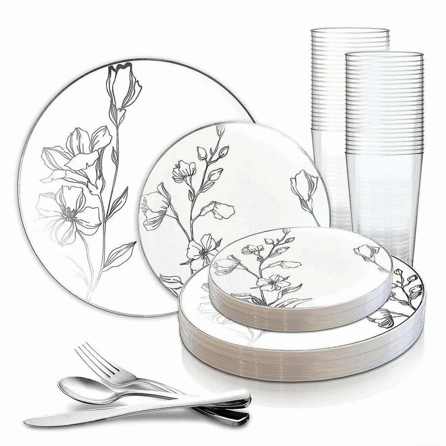 Party Plates * | Best Reviews Of White With Silver Antique Floral Round Disposable Plastic Dinnerware Value Set (20 Settings)