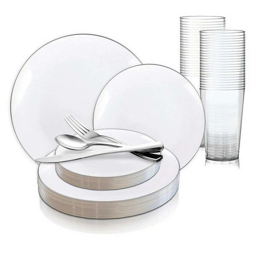 Party Plates * | Hot Sale White With Silver Rim Organic Round Disposable Plastic Dinnerware Value Set (60 Settings)