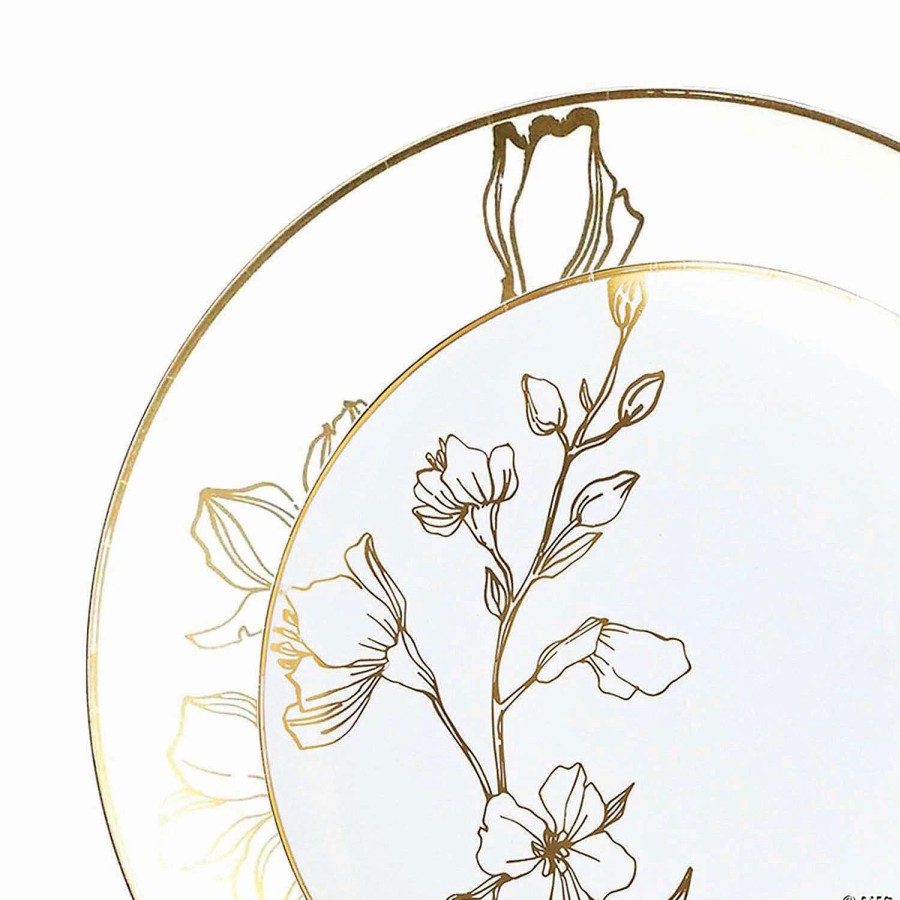 Party Plates * | Best Sale White With Gold Antique Floral Round Disposable Plastic Dinnerware Value Set (120 Dinner Plates + 120 Salad Plates)