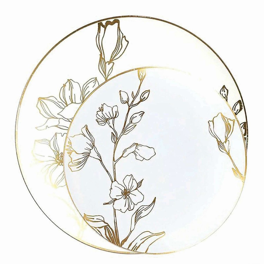 Party Plates * | Best Sale White With Gold Antique Floral Round Disposable Plastic Dinnerware Value Set (120 Dinner Plates + 120 Salad Plates)