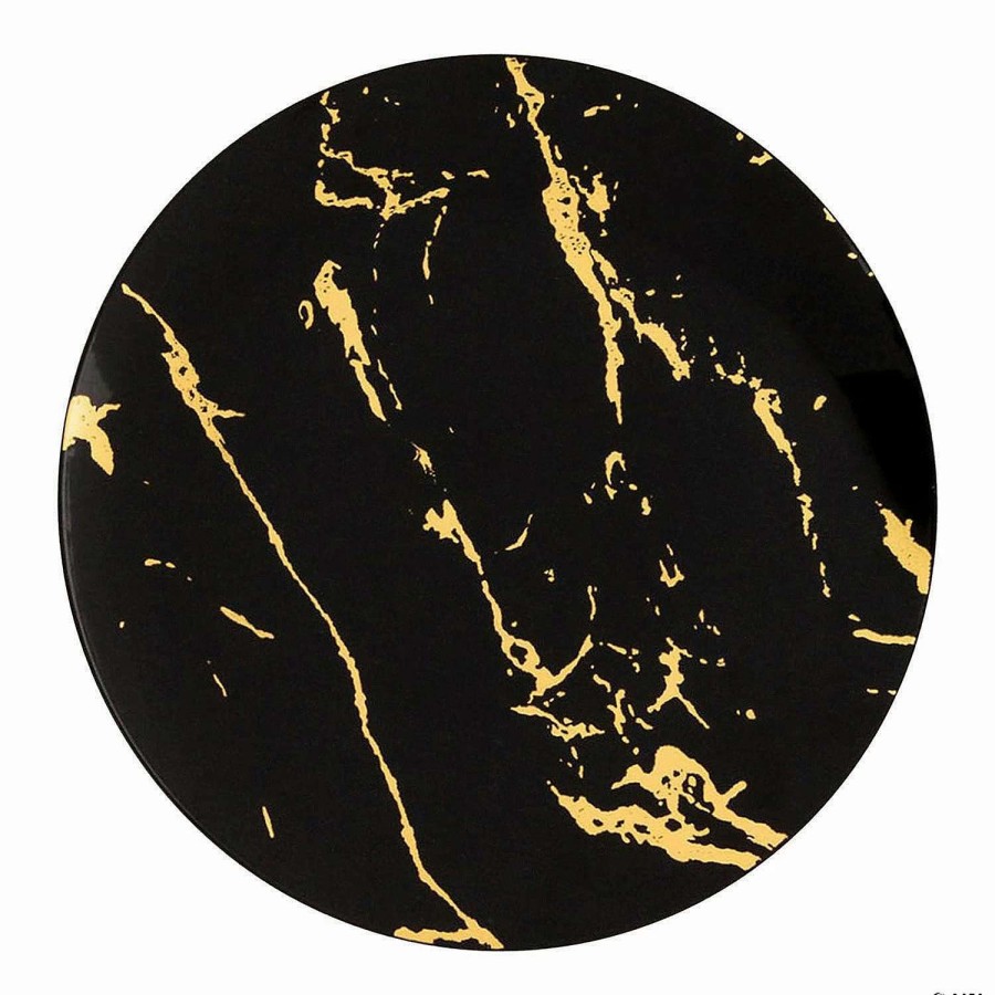 Party Plates * | Top 10 7.5 Black With Gold Marble Stroke Round Disposable Plastic Appetizer/Salad Plates (70 Plates)