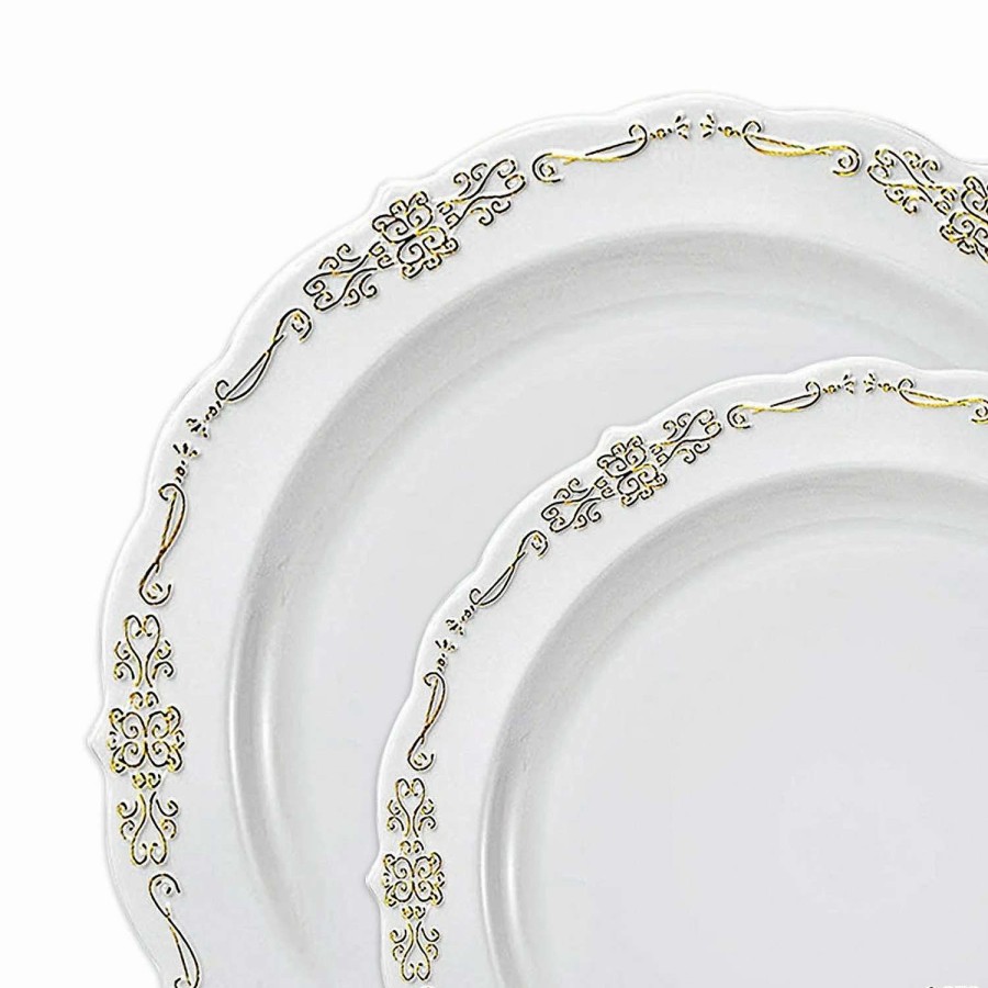 Party Plates * | New White With Gold Vintage Rim Round Disposable Plastic Dinnerware Value Set (120 Dinner Plates + 120 Salad Plates)