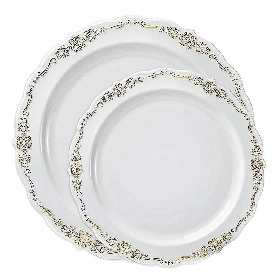 Party Plates * | New White With Gold Vintage Rim Round Disposable Plastic Dinnerware Value Set (120 Dinner Plates + 120 Salad Plates)