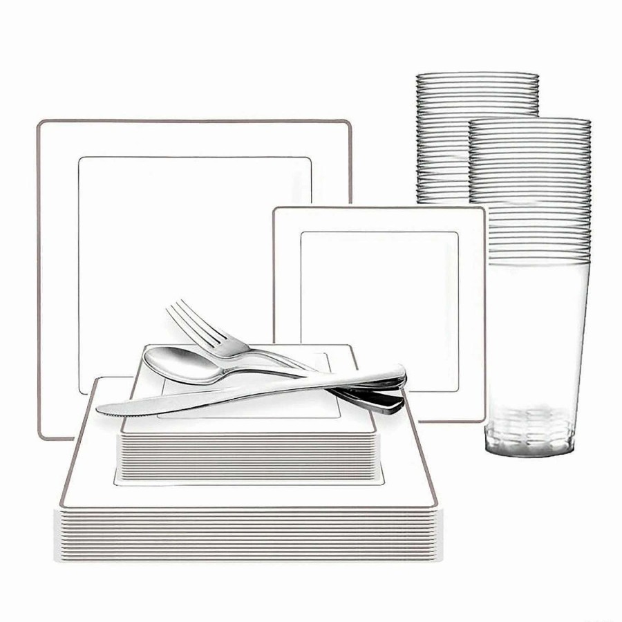 Bowls * | Budget White With Silver Square Edge Rim Plastic Dinnerware Value Set (60 Settings)