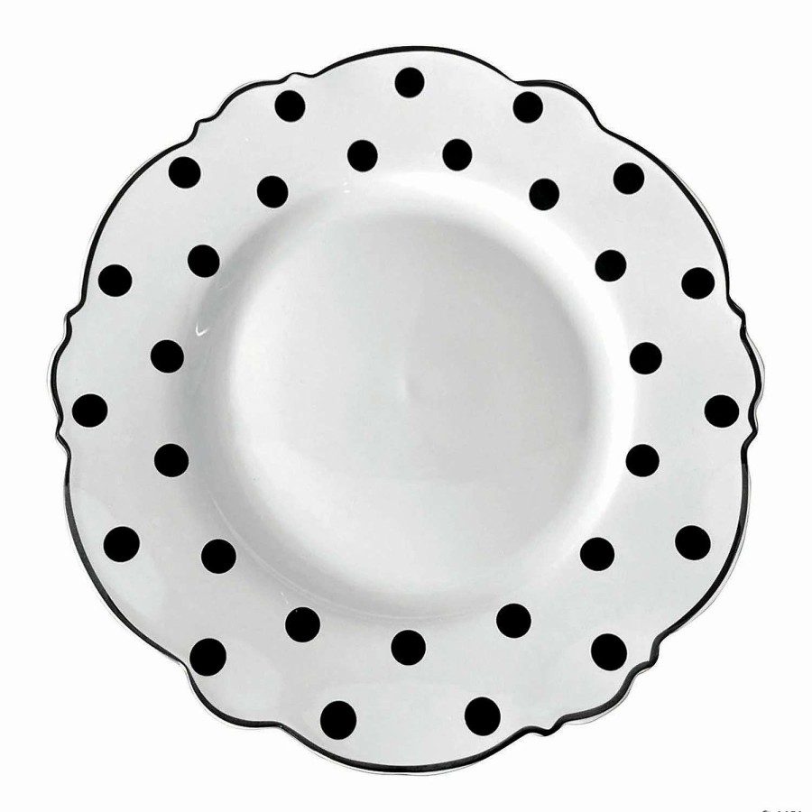 Party Plates * | Top 10 10.25 White With Black Dots Round Blossom Disposable Plastic Dinner Plates (50 Plates)