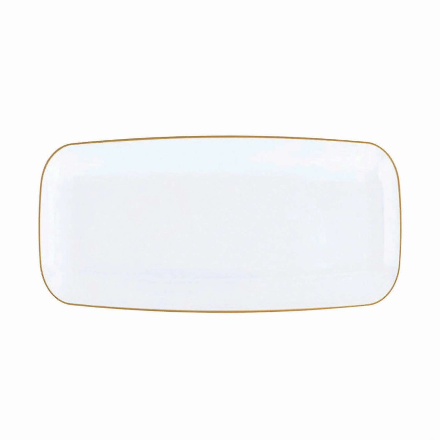 Party Plates * | Best Sale 10.6 X 5 White With Gold Rim Flat Raised Edge Rectangular Disposable Plastic Plates (50 Plates)