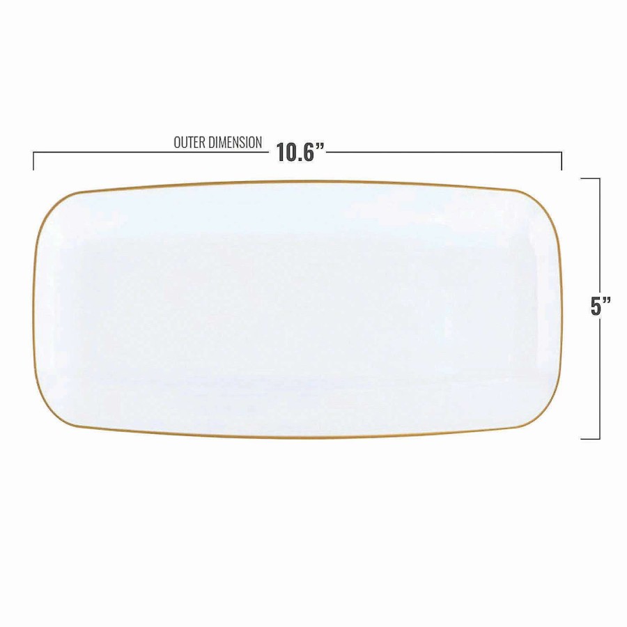 Party Plates * | Best Sale 10.6 X 5 White With Gold Rim Flat Raised Edge Rectangular Disposable Plastic Plates (50 Plates)