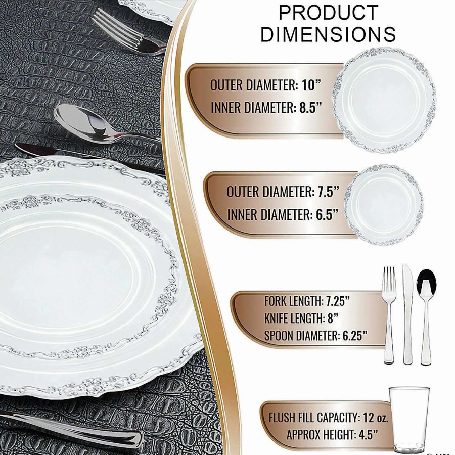 Bowls * | Outlet Clear With Silver Vintage Rim Round Disposable Plastic Dinnerware Value Set (120 Settings)