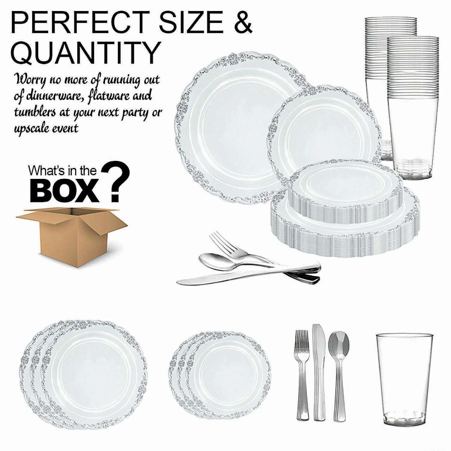 Bowls * | Outlet Clear With Silver Vintage Rim Round Disposable Plastic Dinnerware Value Set (120 Settings)