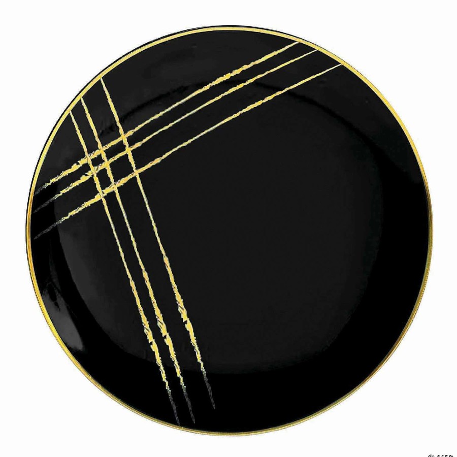 Party Plates * | Flash Sale Premium 7.5 Black With Gold Brushstroke Round Disposable Plastic Appetizer/Salad Plates (120 Plates)