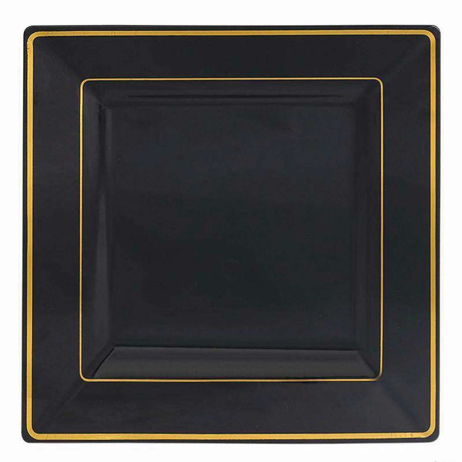 Party Plates * | Brand New Kaya Collection 9.5 Black With Gold Square Edge Rim Plastic Dinner Plates (120 Plates)