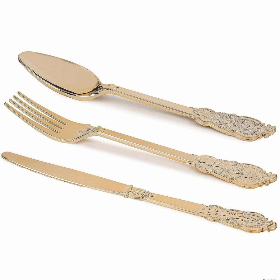 Cutlery * | Cheapest Shiny Metallic Gold Baroque Plastic Cutlery Set Spoons, Forks And Knives (600 Guests)