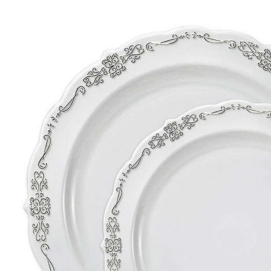 Party Plates * | Wholesale White With Silver Vintage Rim Round Disposable Plastic Dinnerware Value Set (40 Dinner Plates + 40 Salad Plates)