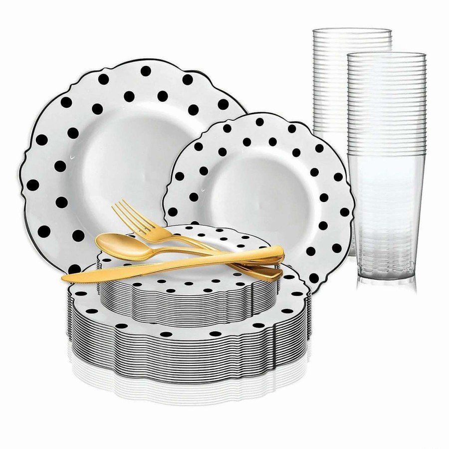 Party Plates * | Best Sale White With Black Dots Round Blossom Disposable Plastic Dinnerware Value Set (120 Settings)