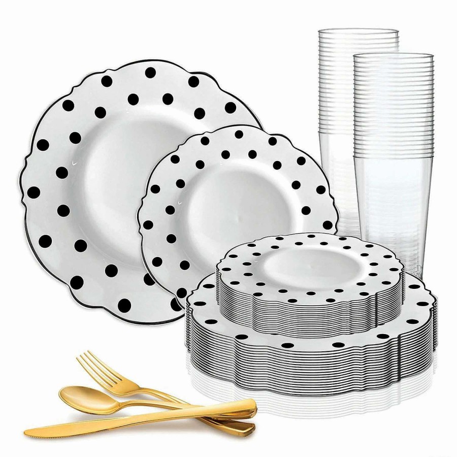 Party Plates * | Best Sale White With Black Dots Round Blossom Disposable Plastic Dinnerware Value Set (120 Settings)