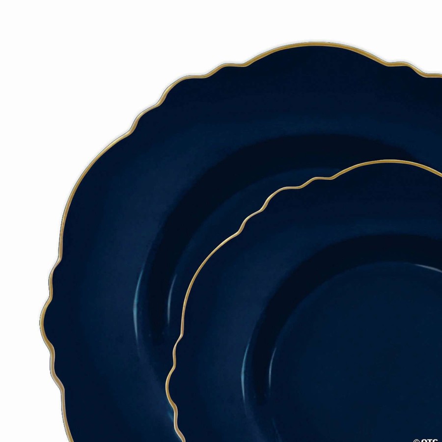 Party Plates * | Brand New Navy With Gold Rim Round Blossom Disposable Plastic Dinnerware Value Set (40 Dinner Plates + 40 Salad Plates)