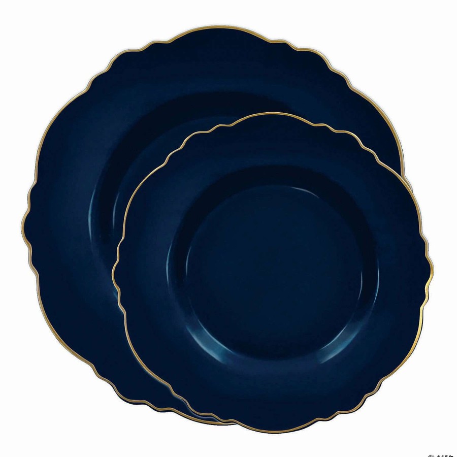 Party Plates * | Brand New Navy With Gold Rim Round Blossom Disposable Plastic Dinnerware Value Set (40 Dinner Plates + 40 Salad Plates)