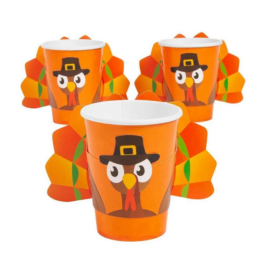 Drinkware * | Best Pirce Gobble Gobble Party Pilgrim Turkey Orange Paper Cups With Sleeves 8 Pc