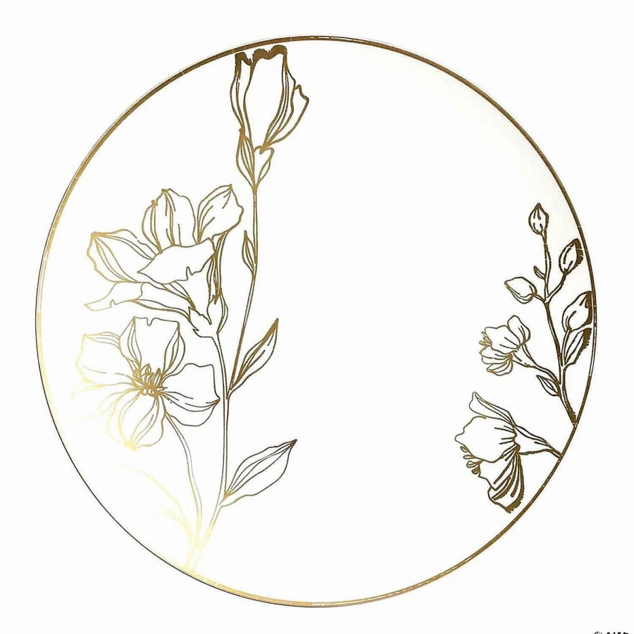 Party Plates * | Outlet 10.25 White With Gold Antique Floral Round Disposable Plastic Dinner Plates (40 Plates)