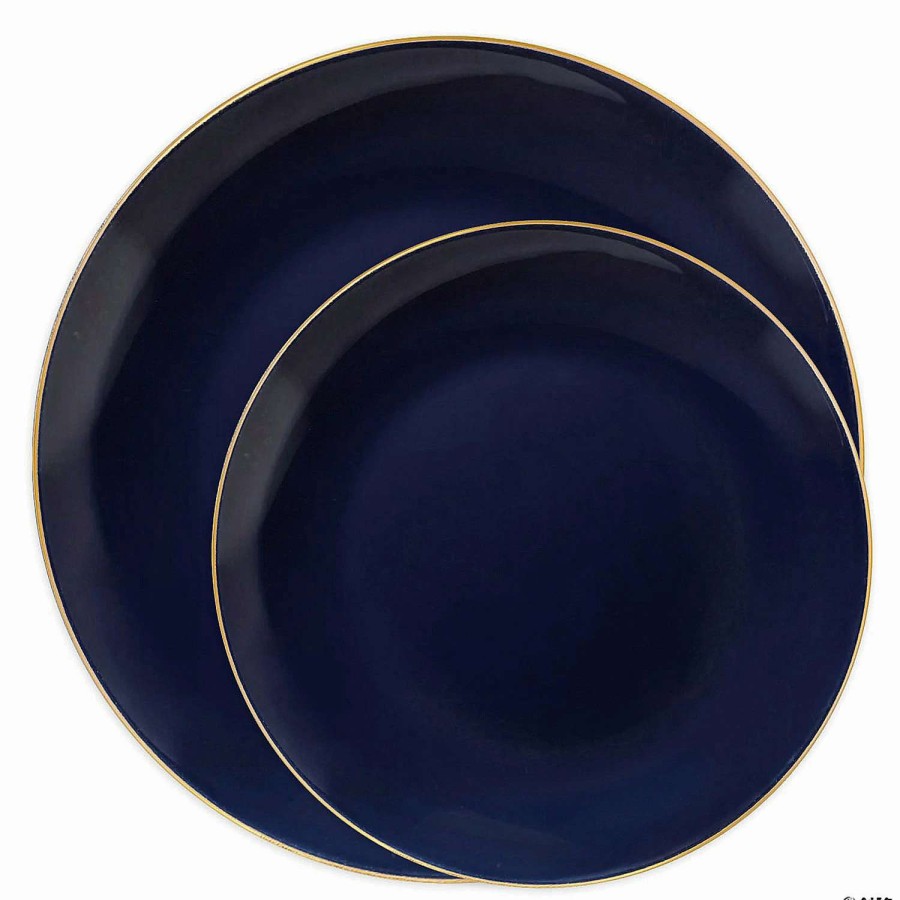 Party Plates * | New Navy With Gold Rim Organic Round Disposable Plastic Dinnerware Value Set (120 Dinner Plates + 120 Salad Plates)