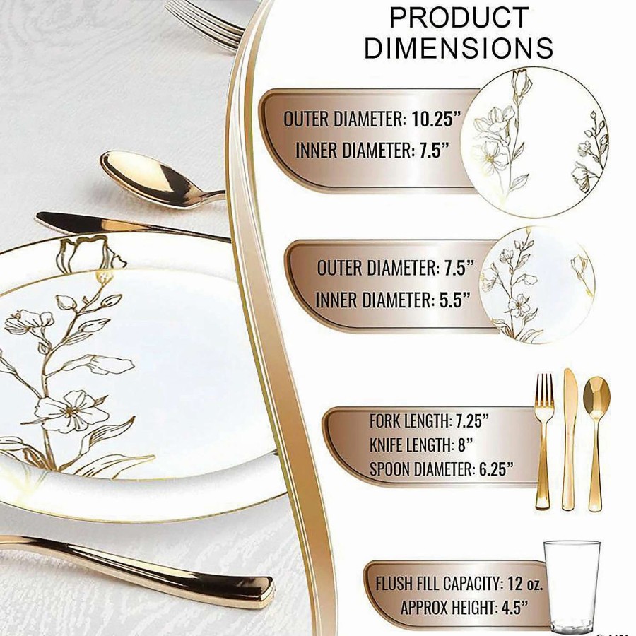 Bowls * | Best Reviews Of White With Gold Antique Floral Round Disposable Plastic Dinnerware Value Set (120 Settings)