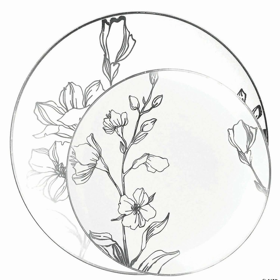 Party Plates * | Wholesale White With Silver Antique Floral Round Disposable Plastic Dinnerware Value Set (120 Dinner Plates + 120 Salad Plates)