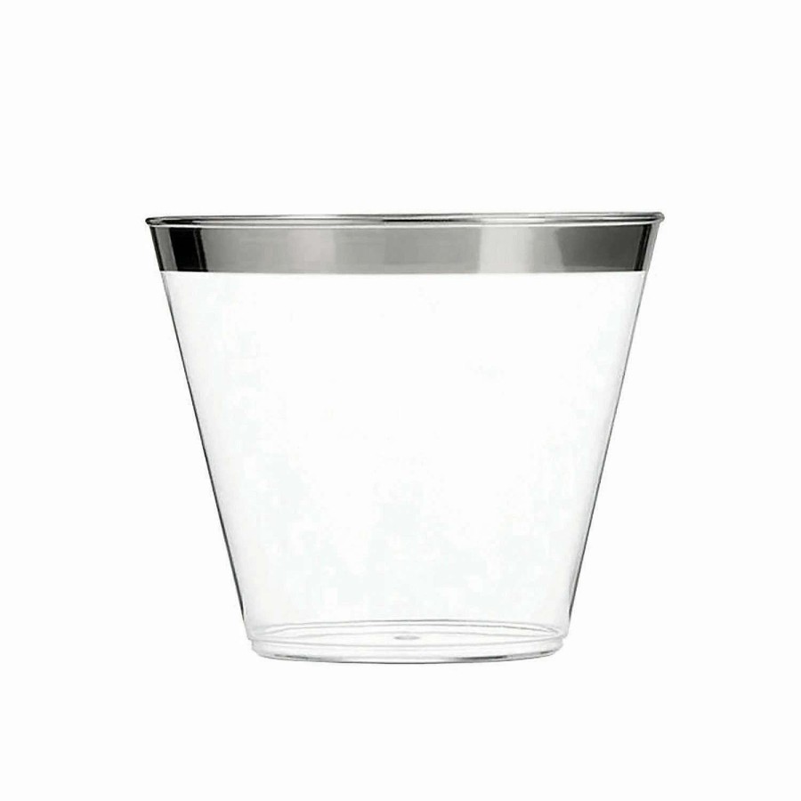 Drinkware * | Brand New 9 Oz. Clear With Metallic Silver Rim Round Disposable Plastic Cups (140 Cups)