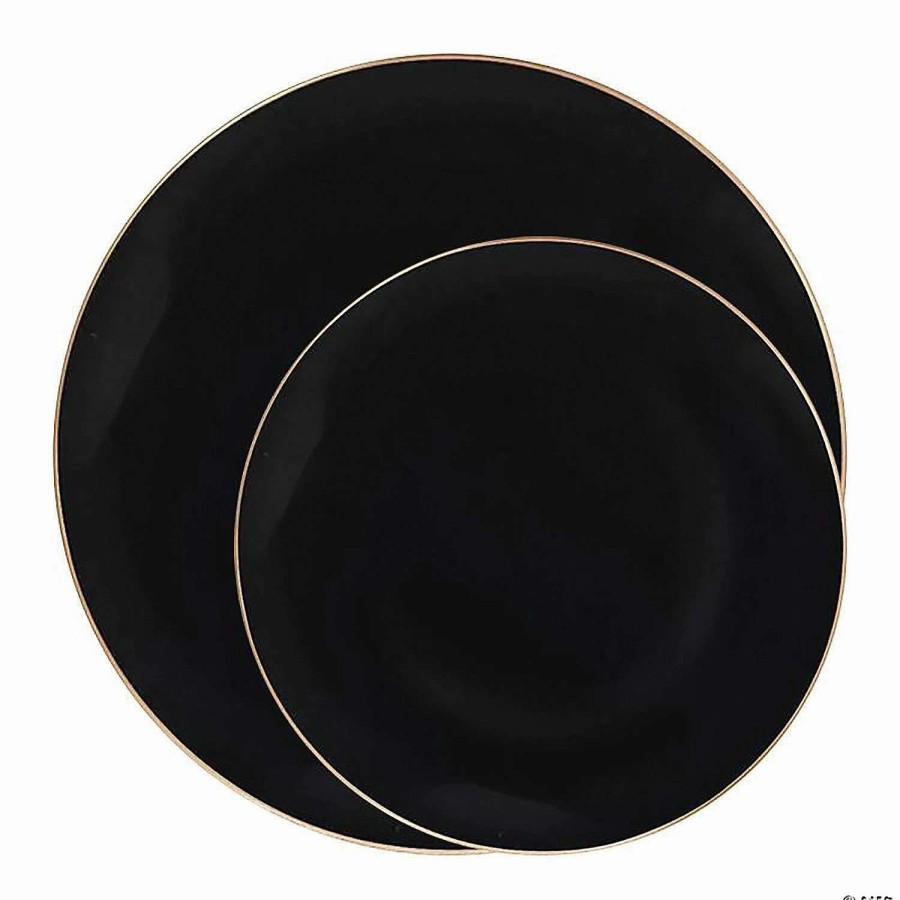 Party Plates * | Cheap Black With Gold Rim Organic Round Disposable Plastic Dinnerware Value Set (40 Dinner Plates + 40 Salad Plates)