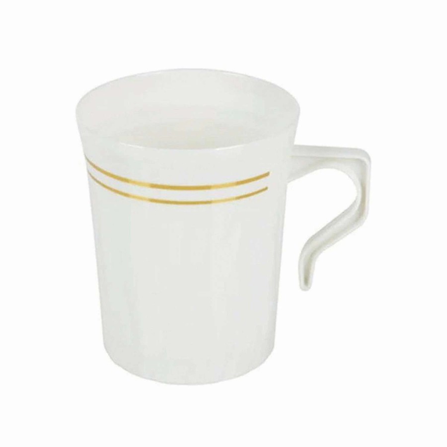 Drinkware * | Discount Premium 8 Oz. White With Gold Edge Rim Round Plastic Coffee Mugs -120 Ct.