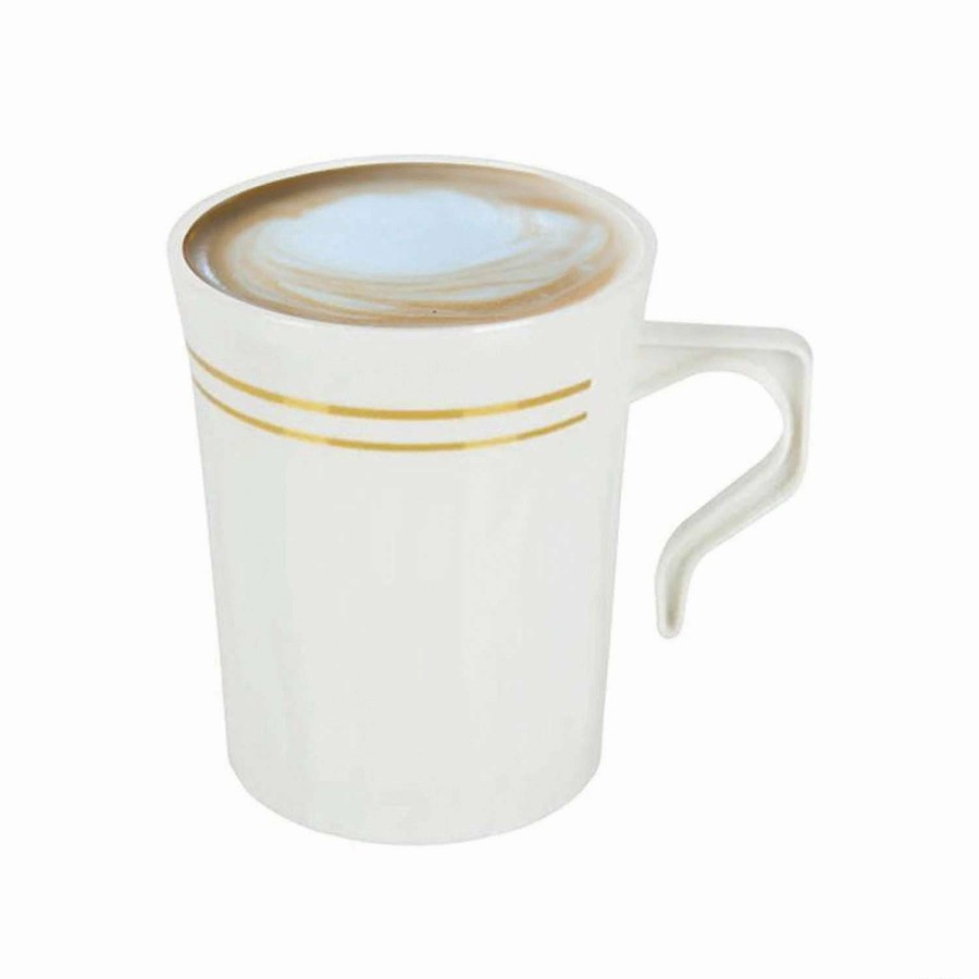 Drinkware * | Discount Premium 8 Oz. White With Gold Edge Rim Round Plastic Coffee Mugs -120 Ct.