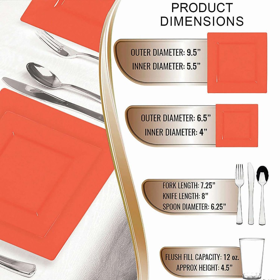 Party Plates * | Hot Sale Tropical Coral Square Disposable Plastic Dinnerware Value Set (120 Settings)