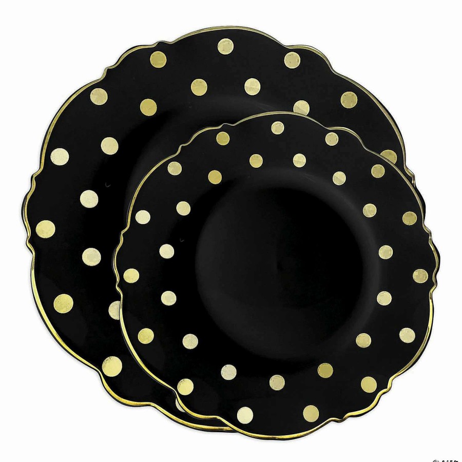 Party Plates * | Buy Black With Gold Dots Round Blossom Disposable Plastic Dinnerware Value Set (120 Dinner Plates + 120 Salad Plates)