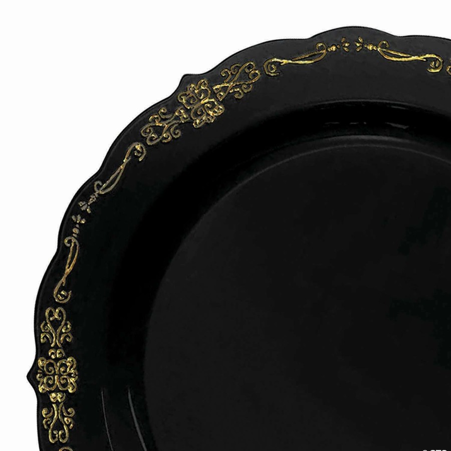 Party Plates * | Cheapest Premium 10 Black With Gold Vintage Round Disposable Plastic Dinner Plates (120 Plates)