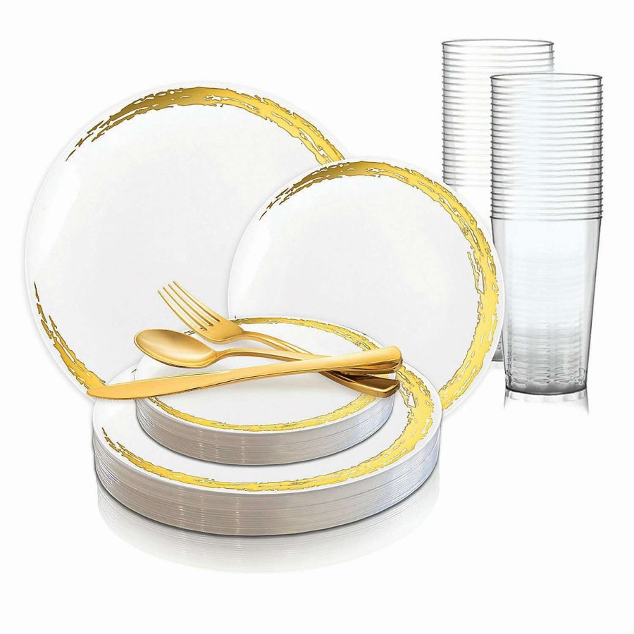 Party Plates * | Best Sale White With Gold Moonlight Round Disposable Plastic Dinnerware Value Set (20 Settings)