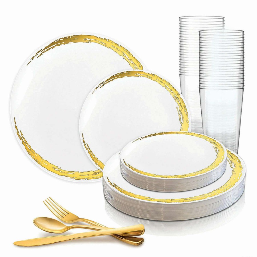 Party Plates * | Best Sale White With Gold Moonlight Round Disposable Plastic Dinnerware Value Set (20 Settings)