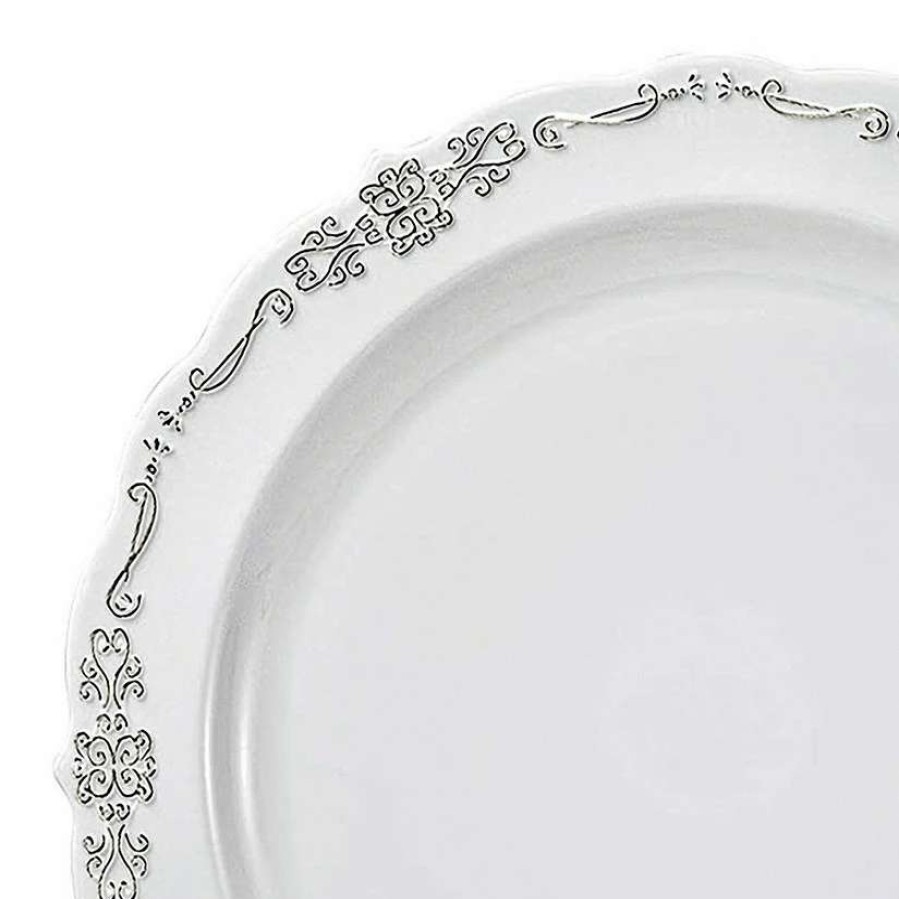 Party Plates * | Discount 10 White With Silver Vintage Rim Round Disposable Plastic Dinner Plates (50 Plates)