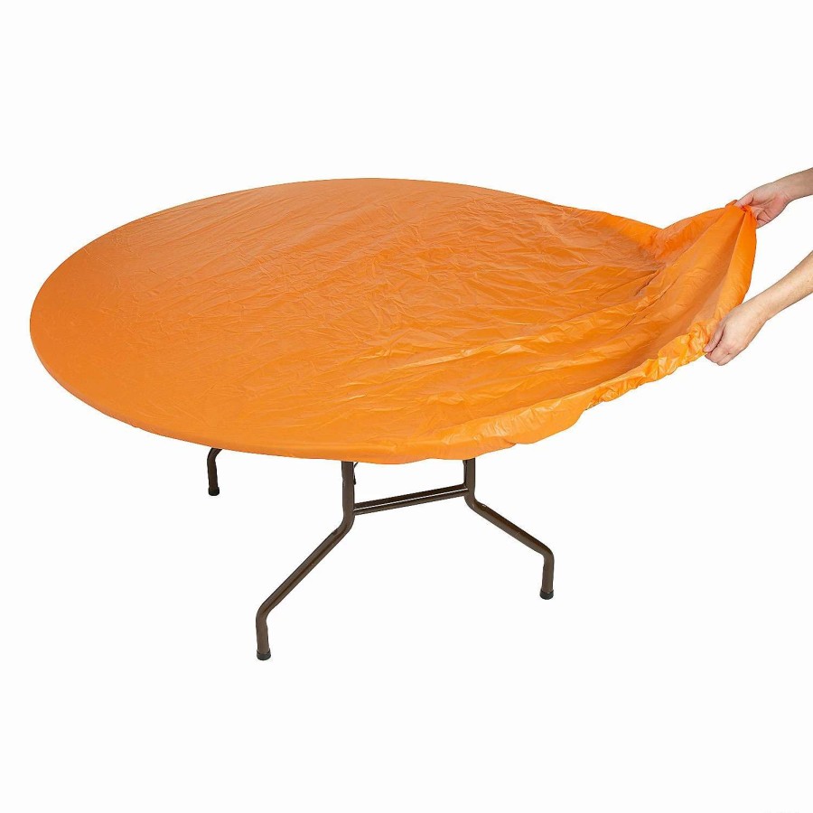 Table Covers * | Cheapest Orange Fitted Round Plastic Tablecloth