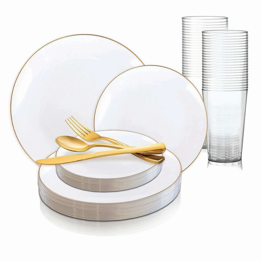 Bowls * | Buy White With Gold Rim Organic Round Disposable Plastic Dinnerware Value Set (60 Settings)