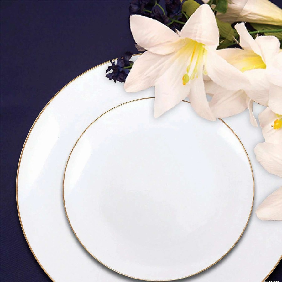 Bowls * | Buy White With Gold Rim Organic Round Disposable Plastic Dinnerware Value Set (60 Settings)