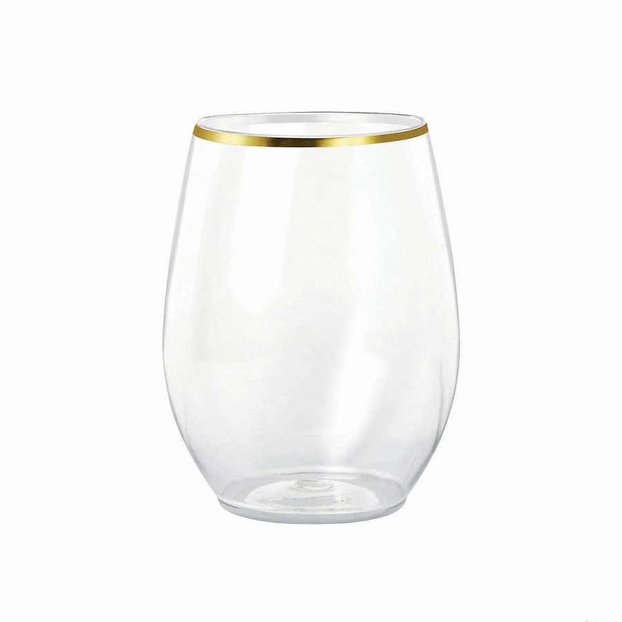 Drinkware * | Hot Sale 16 Oz. Clear With Gold Elegant Stemless Plastic Wine Glasses (32 Glasses)