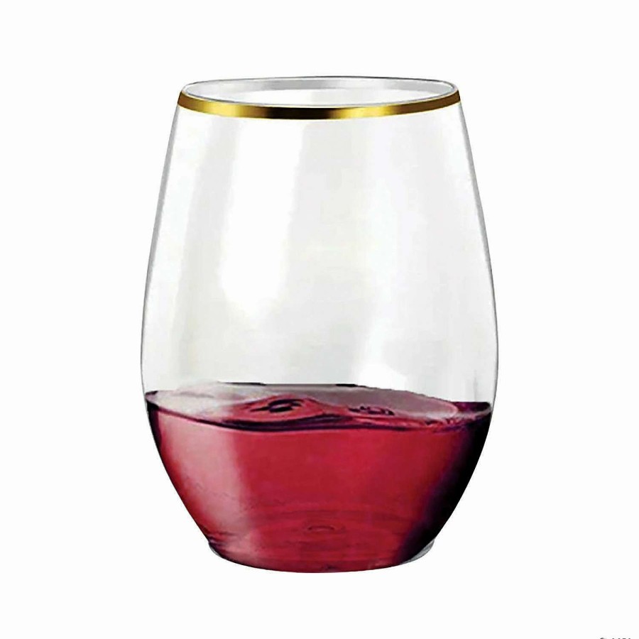 Drinkware * | Hot Sale 16 Oz. Clear With Gold Elegant Stemless Plastic Wine Glasses (32 Glasses)