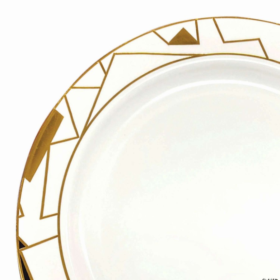 Party Plates * | Wholesale 10.25 White With Black And Gold Abstract Squares Pattern Round Disposable Plastic Dinner Plates (120 Plates)