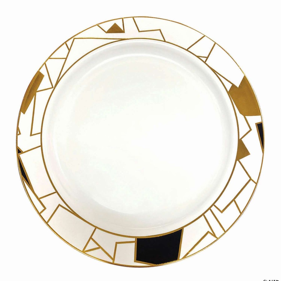 Party Plates * | Wholesale 10.25 White With Black And Gold Abstract Squares Pattern Round Disposable Plastic Dinner Plates (120 Plates)