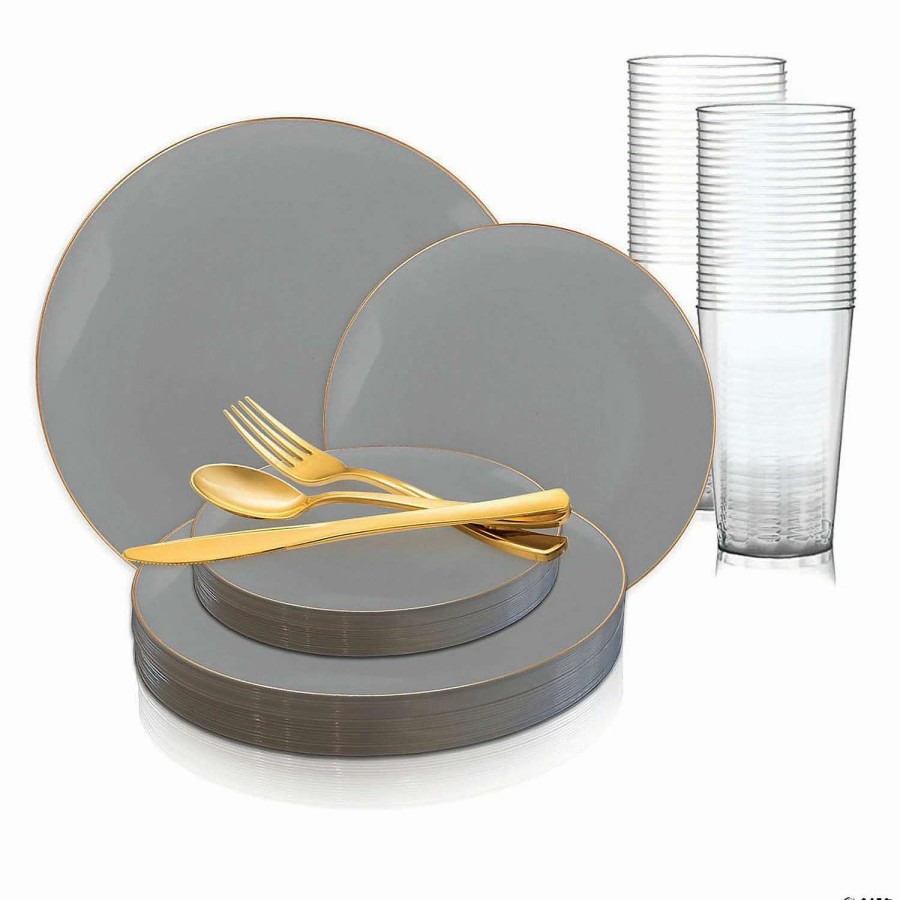 Bowls * | Promo Gray With Gold Organic Round Disposable Plastic Dinnerware Value Set (20 Settings)