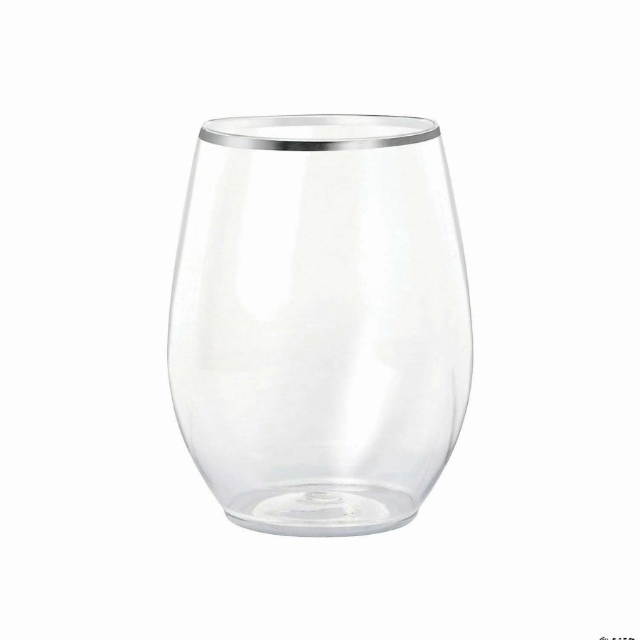 Drinkware * | Buy 16 Oz. Clear With Silver Elegant Stemless Plastic Wine Glasses (64 Glasses)