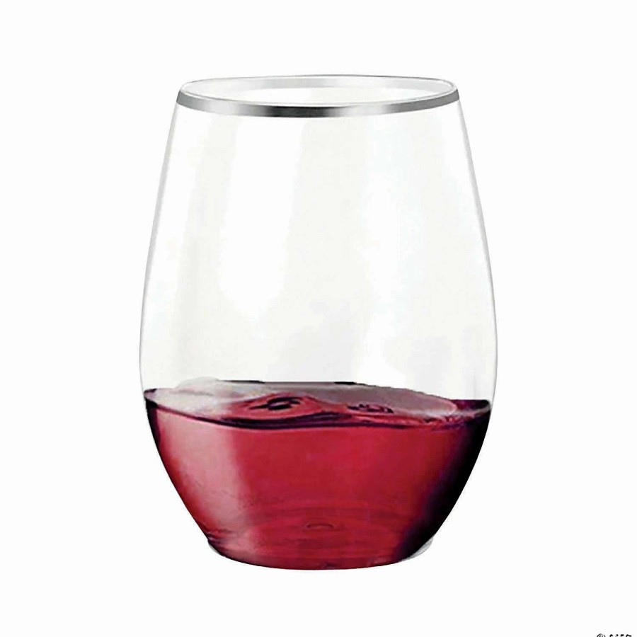 Drinkware * | Buy 16 Oz. Clear With Silver Elegant Stemless Plastic Wine Glasses (64 Glasses)