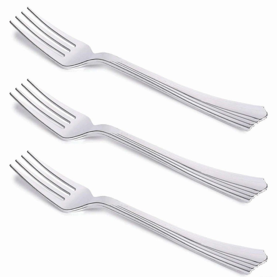 Cutlery * | Flash Sale Kaya Collection Shiny Metallic Groove Silver Plastic Forks (600 Forks)