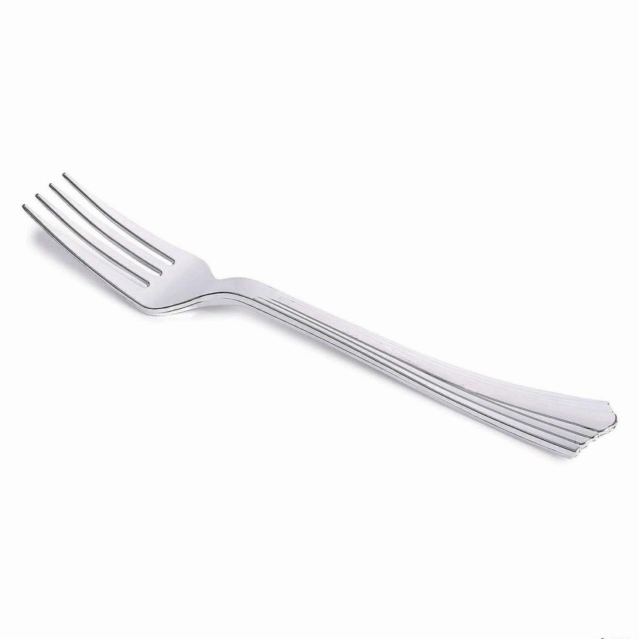 Cutlery * | Flash Sale Kaya Collection Shiny Metallic Groove Silver Plastic Forks (600 Forks)