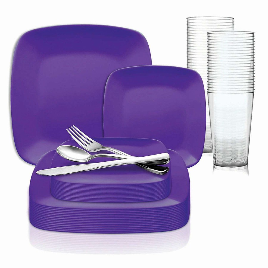 Table Covers * | Hot Sale Purple Flat Rounded Square Disposable Plastic Dinnerware Value Set (60 Settings)